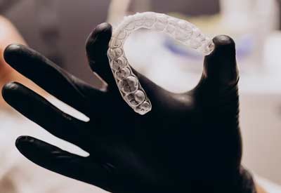 Una mano sujetando una ortodoncia invisible